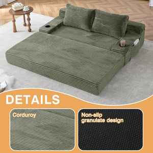 English Elm 70.8-Inch Corduroy Sleeper Sofa with Cup Holders Storage Pockets and Two Throw Pillows Green W834P527476