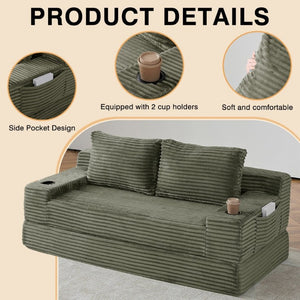 English Elm 70.8-Inch Corduroy Sleeper Sofa with Cup Holders Storage Pockets and Two Throw Pillows Green W834P527476
