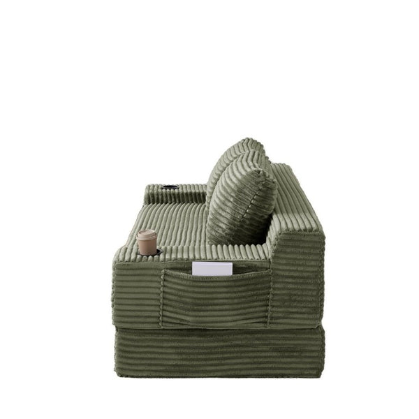 English Elm 70.8-Inch Corduroy Sleeper Sofa with Cup Holders Storage Pockets and Two Throw Pillows Green W834P527476