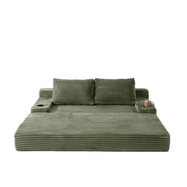 English Elm 70.8-Inch Corduroy Sleeper Sofa with Cup Holders Storage Pockets and Two Throw Pillows Green W834P527476