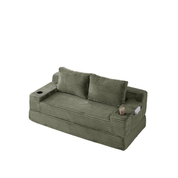 English Elm 70.8-Inch Corduroy Sleeper Sofa with Cup Holders Storage Pockets and Two Throw Pillows Green W834P527476
