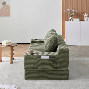 English Elm 70.8-Inch Corduroy Sleeper Sofa with Cup Holders Storage Pockets and Two Throw Pillows Green W834P527476