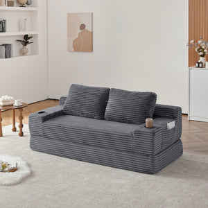 English Elm 70.8-Inch Corduroy Sleeper Sofa with Cup Holders Storage Pockets and Two Throw Pillows Grey W834P527477