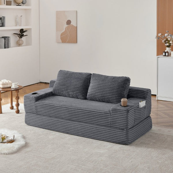 English Elm 70.8-Inch Corduroy Sleeper Sofa with Cup Holders Storage Pockets and Two Throw Pillows Grey W834P527477
