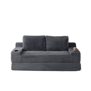 English Elm 70.8-Inch Corduroy Sleeper Sofa with Cup Holders Storage Pockets and Two Throw Pillows Grey W834P527477