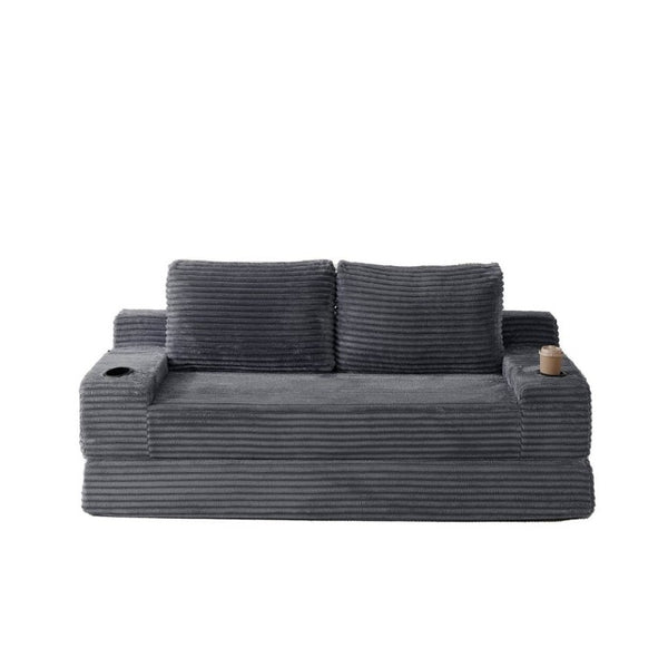 English Elm 70.8-Inch Corduroy Sleeper Sofa with Cup Holders Storage Pockets and Two Throw Pillows Grey W834P527477