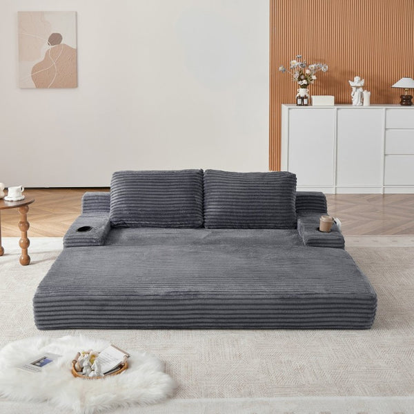English Elm 70.8-Inch Corduroy Sleeper Sofa with Cup Holders Storage Pockets and Two Throw Pillows Grey W834P527477