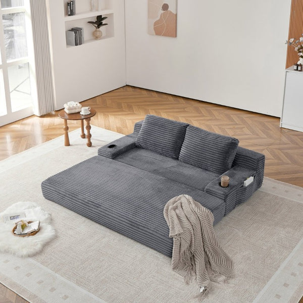 English Elm 70.8-Inch Corduroy Sleeper Sofa with Cup Holders Storage Pockets and Two Throw Pillows Grey W834P527477