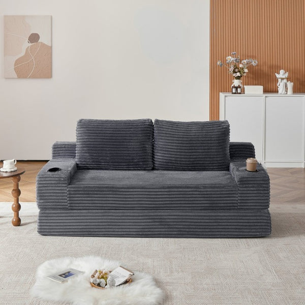 English Elm 70.8-Inch Corduroy Sleeper Sofa with Cup Holders Storage Pockets and Two Throw Pillows Grey W834P527477