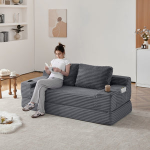 English Elm 70.8-Inch Corduroy Sleeper Sofa with Cup Holders Storage Pockets and Two Throw Pillows Grey W834P527477