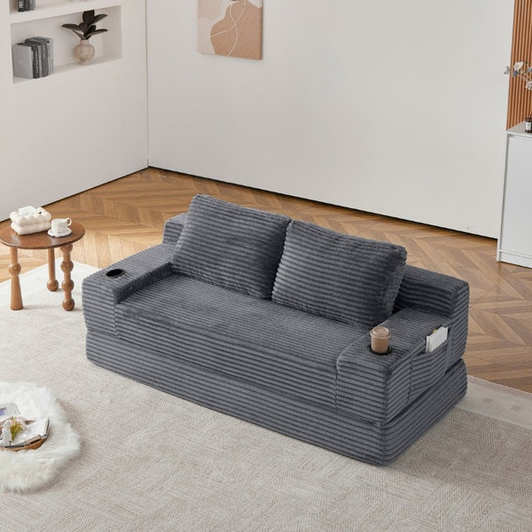 English Elm 70.8-Inch Corduroy Sleeper Sofa with Cup Holders Storage Pockets and Two Throw Pillows Grey W834P527477