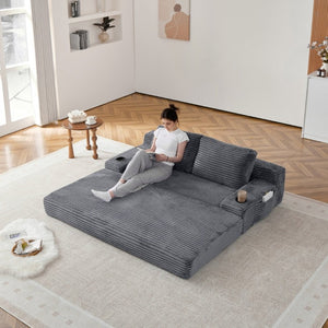 English Elm 70.8-Inch Corduroy Sleeper Sofa with Cup Holders Storage Pockets and Two Throw Pillows Grey W834P527477