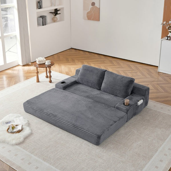 English Elm 70.8-Inch Corduroy Sleeper Sofa with Cup Holders Storage Pockets and Two Throw Pillows Grey W834P527477