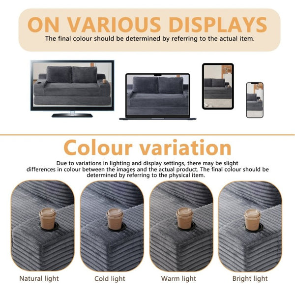 English Elm 70.8-Inch Corduroy Sleeper Sofa with Cup Holders Storage Pockets and Two Throw Pillows Grey W834P527477