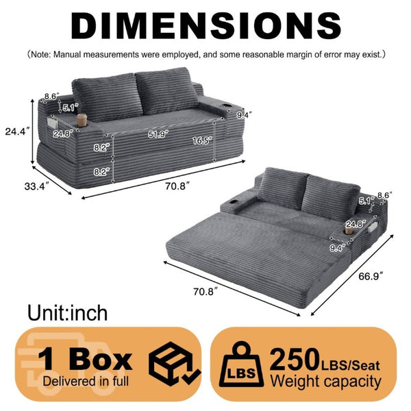 English Elm 70.8-Inch Corduroy Sleeper Sofa with Cup Holders Storage Pockets and Two Throw Pillows Grey W834P527477