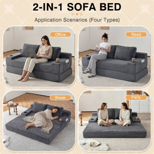 English Elm 70.8-Inch Corduroy Sleeper Sofa with Cup Holders Storage Pockets and Two Throw Pillows Grey W834P527477