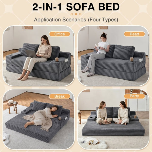English Elm 70.8-Inch Corduroy Sleeper Sofa with Cup Holders Storage Pockets and Two Throw Pillows Grey W834P527477