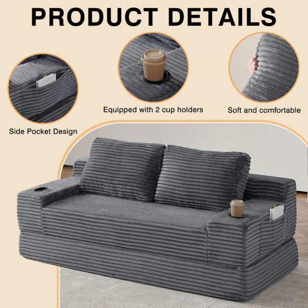 English Elm 70.8-Inch Corduroy Sleeper Sofa with Cup Holders Storage Pockets and Two Throw Pillows Grey W834P527477