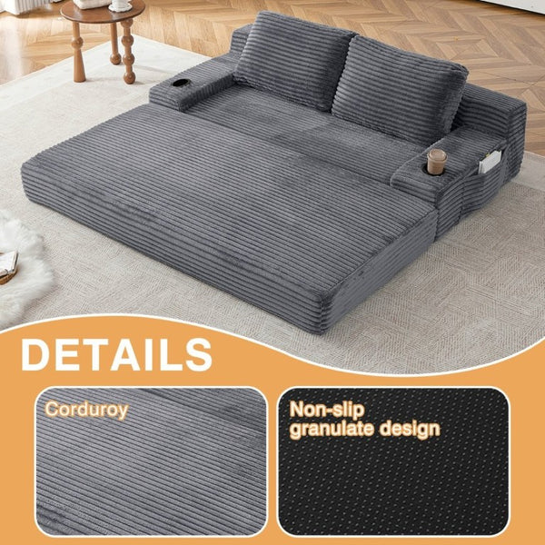 English Elm 70.8-Inch Corduroy Sleeper Sofa with Cup Holders Storage Pockets and Two Throw Pillows Grey W834P527477