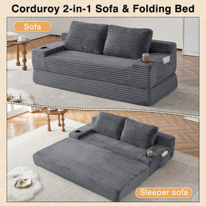 English Elm 70.8-Inch Corduroy Sleeper Sofa with Cup Holders Storage Pockets and Two Throw Pillows Grey W834P527477