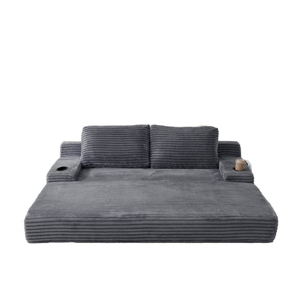 English Elm 70.8-Inch Corduroy Sleeper Sofa with Cup Holders Storage Pockets and Two Throw Pillows Grey W834P527477