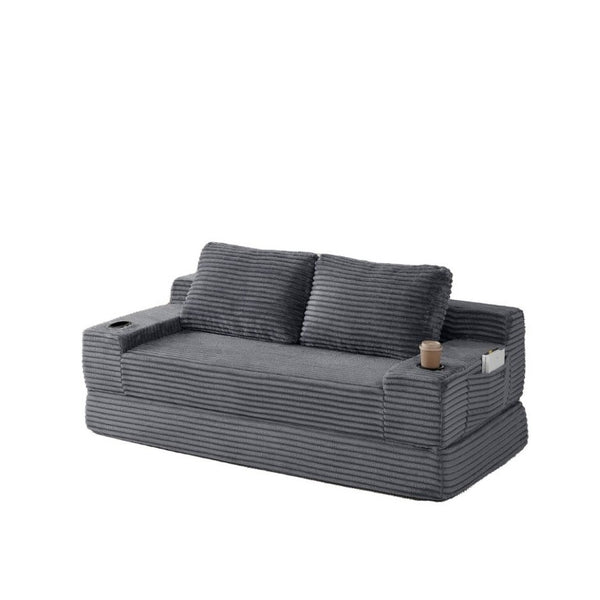 English Elm 70.8-Inch Corduroy Sleeper Sofa with Cup Holders Storage Pockets and Two Throw Pillows Grey W834P527477
