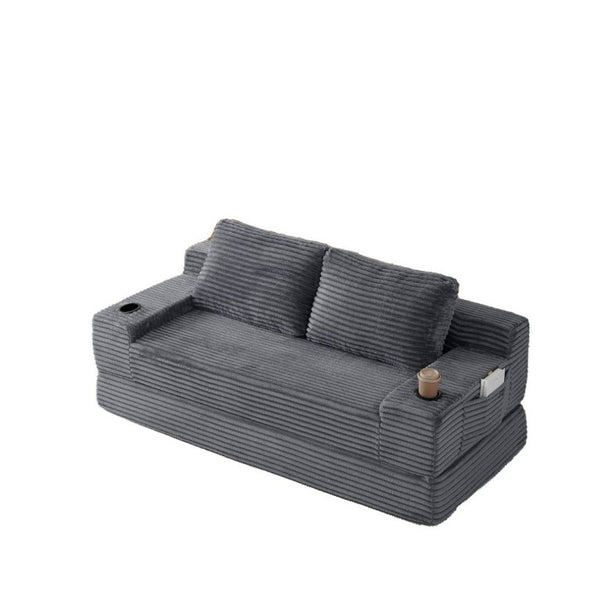 English Elm 70.8-Inch Corduroy Sleeper Sofa with Cup Holders Storage Pockets and Two Throw Pillows Grey W834P527477