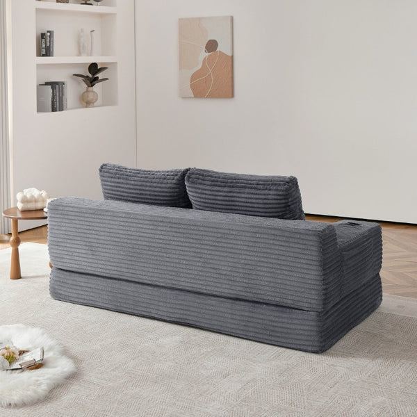 English Elm 70.8-Inch Corduroy Sleeper Sofa with Cup Holders Storage Pockets and Two Throw Pillows Grey W834P527477