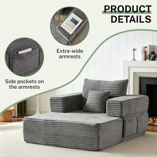 English Elm 62.4-Inch Modular Lounge Chair with Armrest Storage Foam Cushion and Reclining Seat W834P527482