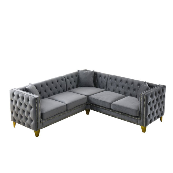 English Elm 82.2-inch Velvet Chesterfield Sectional with Copper Nailhead Trim for Living Spaces W834S00654