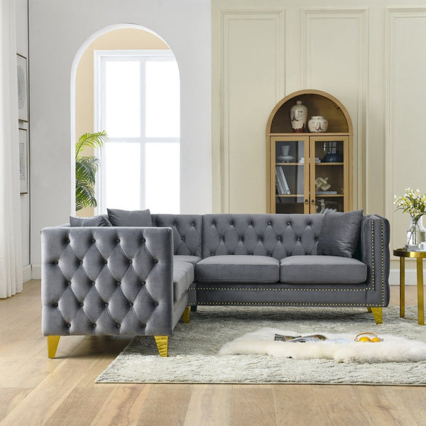 English Elm 82.2-inch Velvet Chesterfield Sectional with Copper Nailhead Trim for Living Spaces W834S00654