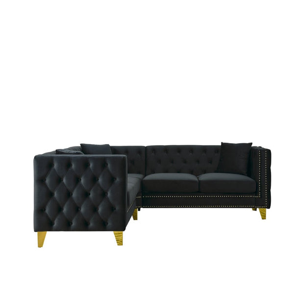 English Elm 82.2-inch Velvet Chesterfield Sectional with Tufted Back and Copper Nailhead Trim W834S00660