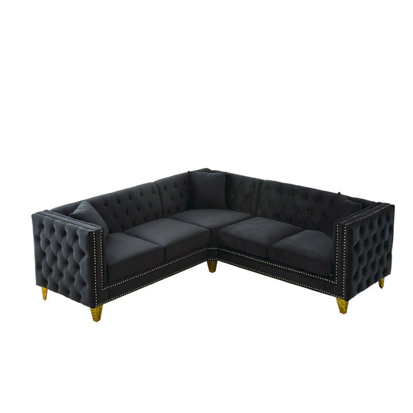 English Elm 82.2-inch Velvet Chesterfield Sectional with Tufted Back and Copper Nailhead Trim W834S00660