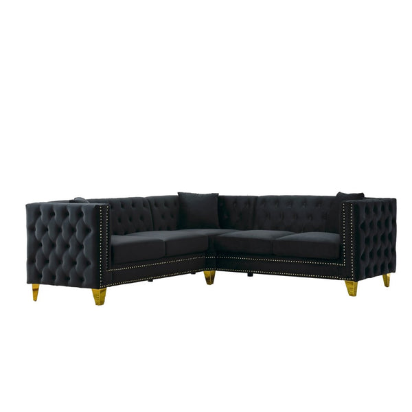 English Elm 82.2-inch Velvet Chesterfield Sectional with Tufted Back and Copper Nailhead Trim W834S00660
