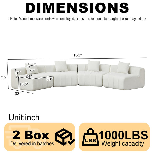 English Elm Chenille Modular Curved Sectional Sofa with Piano Key Seats and Four Accent Pillows Beige W834S00661