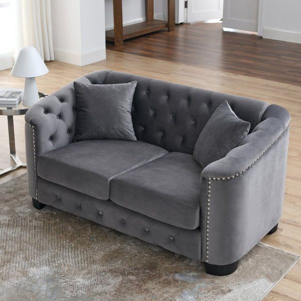 English Elm 59-Inch Chesterfield Velvet Sofa Tufted Button Back Nailhead Arms Compact Loveseat W834S00685