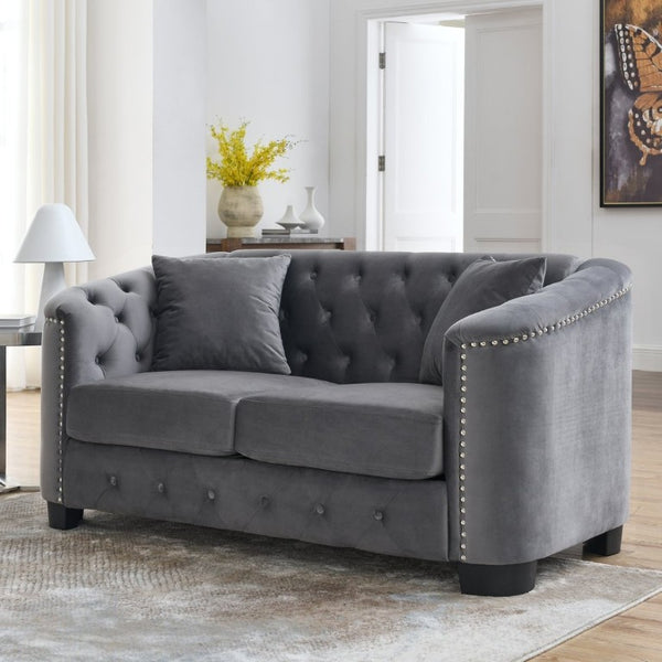 English Elm 59-Inch Chesterfield Velvet Sofa Tufted Button Back Nailhead Arms Compact Loveseat W834S00685