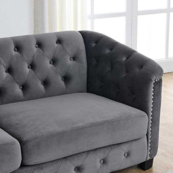 English Elm 59-Inch Chesterfield Velvet Sofa Tufted Button Back Nailhead Arms Compact Loveseat W834S00685