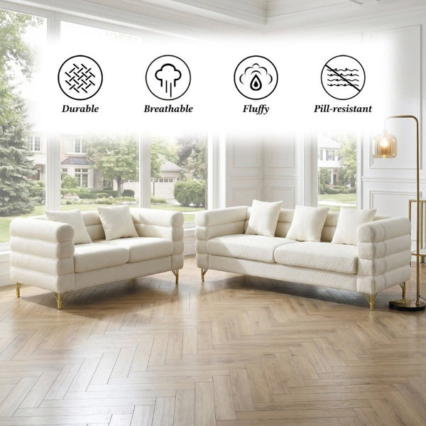 English Elm A Cloud Shaped Teddy Fleece Sofa Set with Gold Legs and Sculptural Wavy Backrest W834S00686