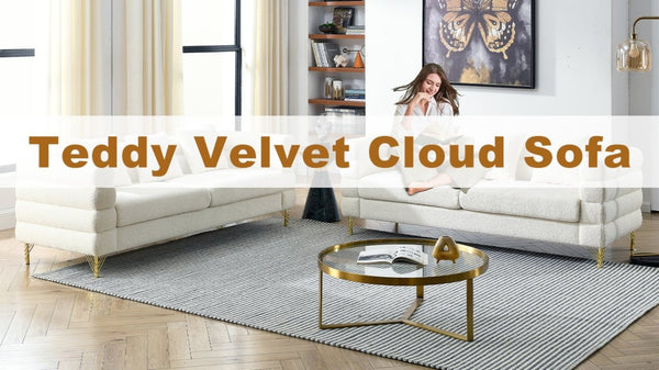 English Elm A Cloud Shaped Teddy Fleece Sofa Set with Gold Legs and Sculptural Wavy Backrest W834S00686
