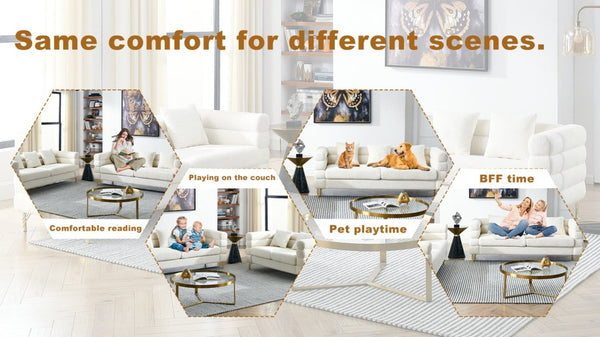 English Elm A Cloud Shaped Teddy Fleece Sofa Set with Gold Legs and Sculptural Wavy Backrest W834S00686