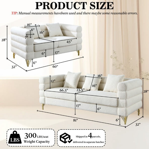 English Elm A Cloud Shaped Teddy Fleece Sofa Set with Gold Legs and Sculptural Wavy Backrest W834S00686