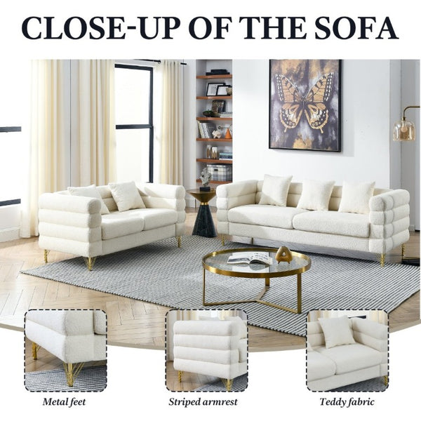 English Elm A Cloud Shaped Teddy Fleece Sofa Set with Gold Legs and Sculptural Wavy Backrest W834S00686