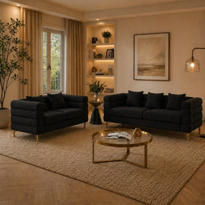 English Elm A Cloud Inspired Teddy Fabric Sofa Set with Gold Legs and Sculptural Wave Backrest W834S00687