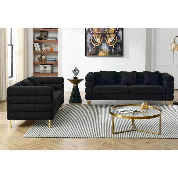 English Elm A Cloud Inspired Teddy Fabric Sofa Set with Gold Legs and Sculptural Wave Backrest W834S00687