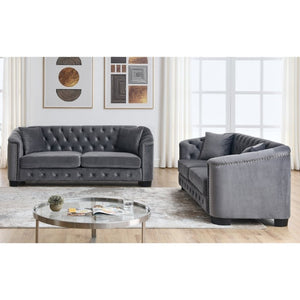English Elm Velvet Chesterfield Sofa with Deep Tufted Buttons Brass Nailhead Trim and Solid Pine Frame W834S00688