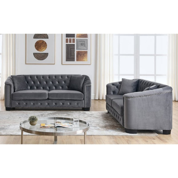 English Elm Velvet Chesterfield Sofa with Deep Tufted Buttons Brass Nailhead Trim and Solid Pine Frame W834S00688