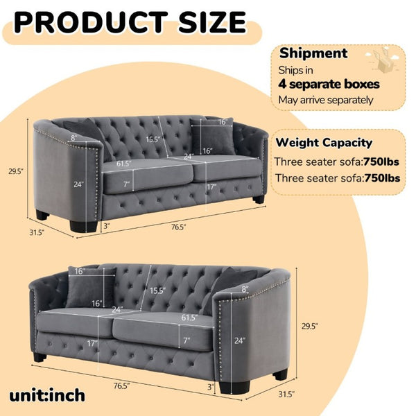 English Elm Velvet Chesterfield Sofa with Deep Tufted Buttons Brass Nailhead Trim and Solid Pine Frame W834S00688
