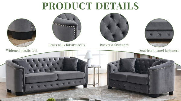 English Elm Velvet Chesterfield Sofa with Deep Tufted Buttons Brass Nailhead Trim and Solid Pine Frame W834S00688