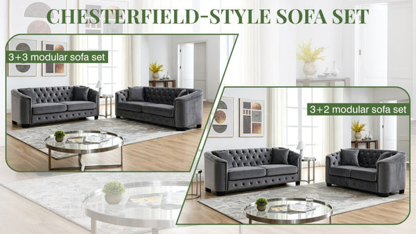 English Elm Velvet Chesterfield Sofa with Deep Tufted Buttons Brass Nailhead Trim and Solid Pine Frame W834S00688